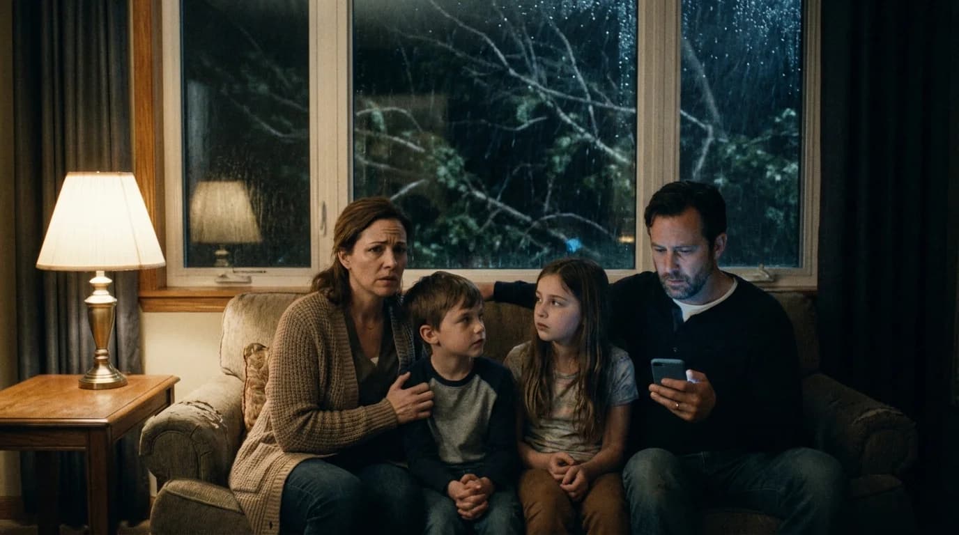 A family huddled together on a couch during a storm, looking worried