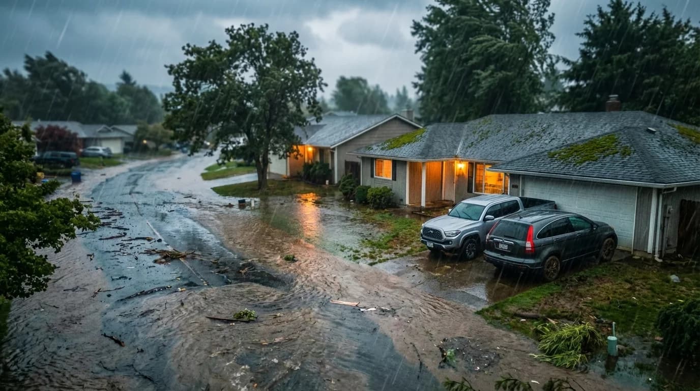 Community during heavy rainstorm with rising floodwaters