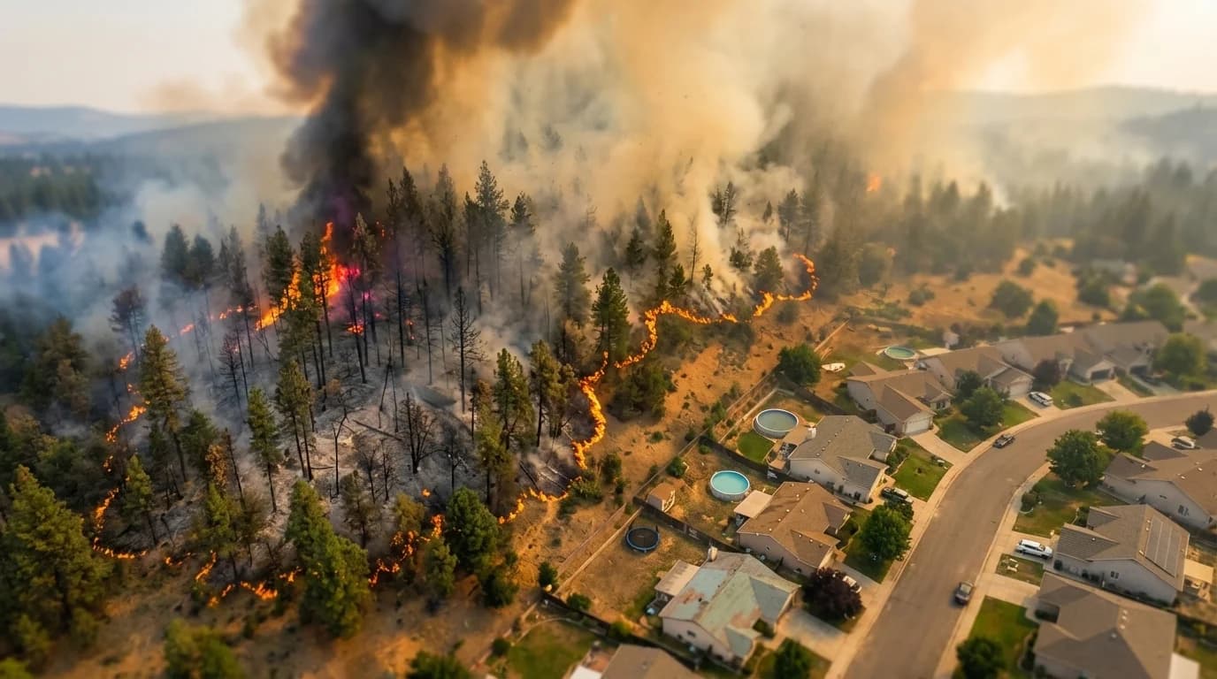 Aerial view of forest fire with evacuation routes