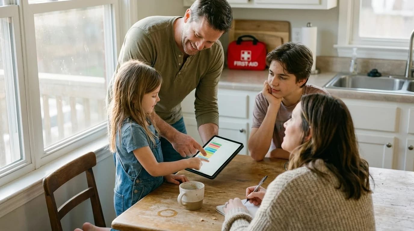 Family engaged in emergency planning session at kitchen table