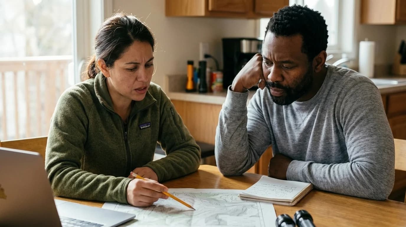 Diverse couple working together on emergency preparedness plan