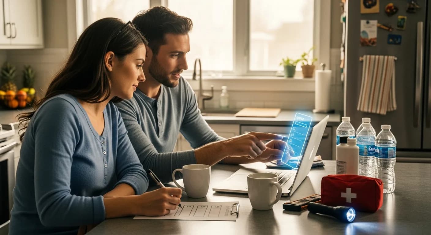 Couple reviewing emergency preparedness plan on laptop