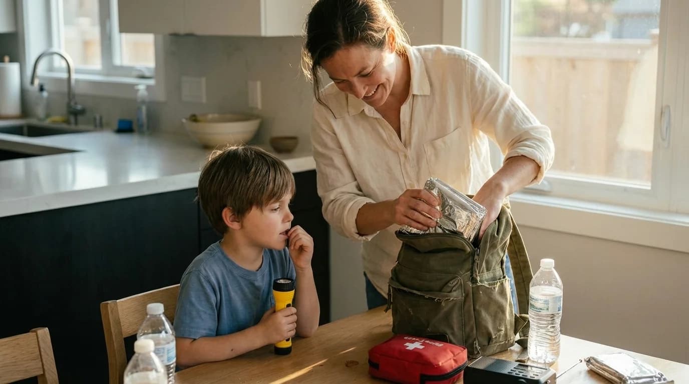 Parent and child preparing supplies together