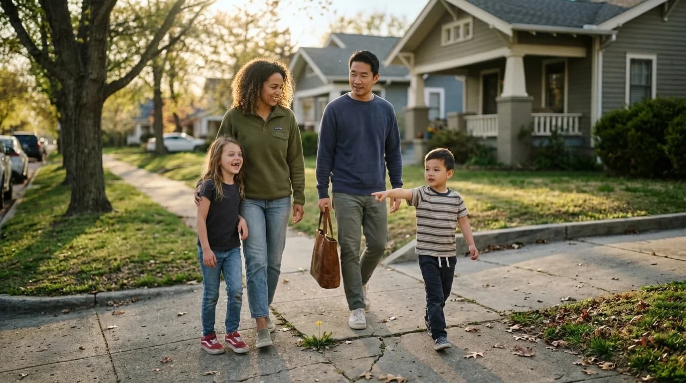 Family walking through suburban neighborhood together