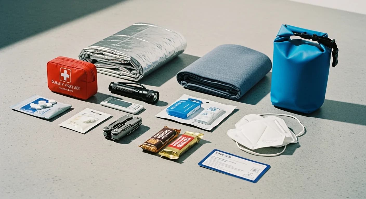 Expert-curated emergency supply kit with essential items laid out