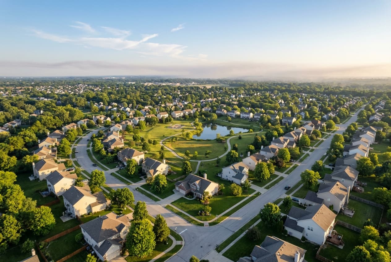 Aerial view of a peaceful suburban neighborhood at golden hour