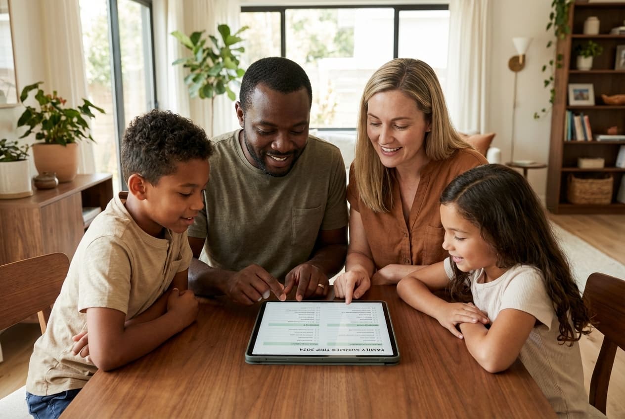 A family calmly reviewing their preparedness plan
