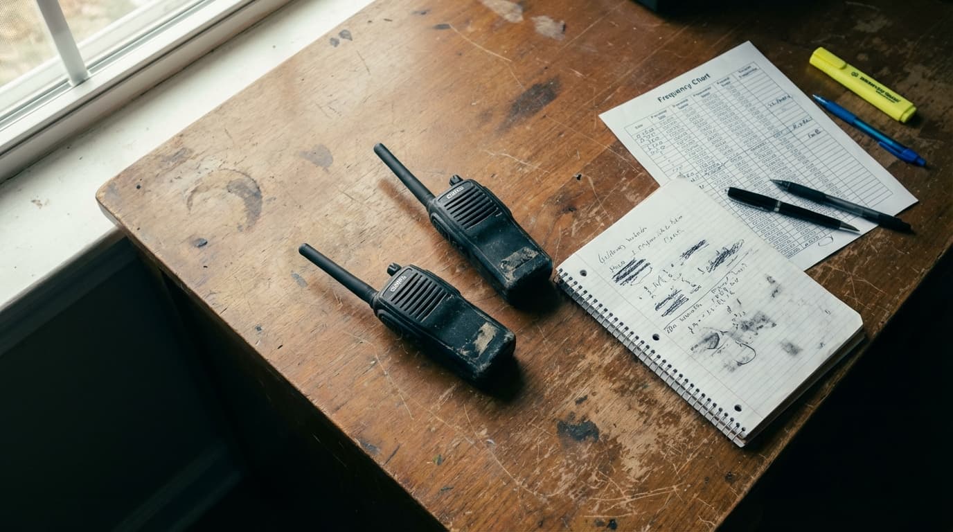 GMRS radios, antennas, and study notes on a desk