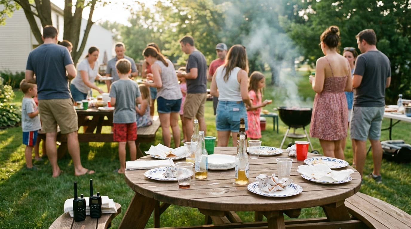 Summer backyard barbecue with GMRS radios on the table