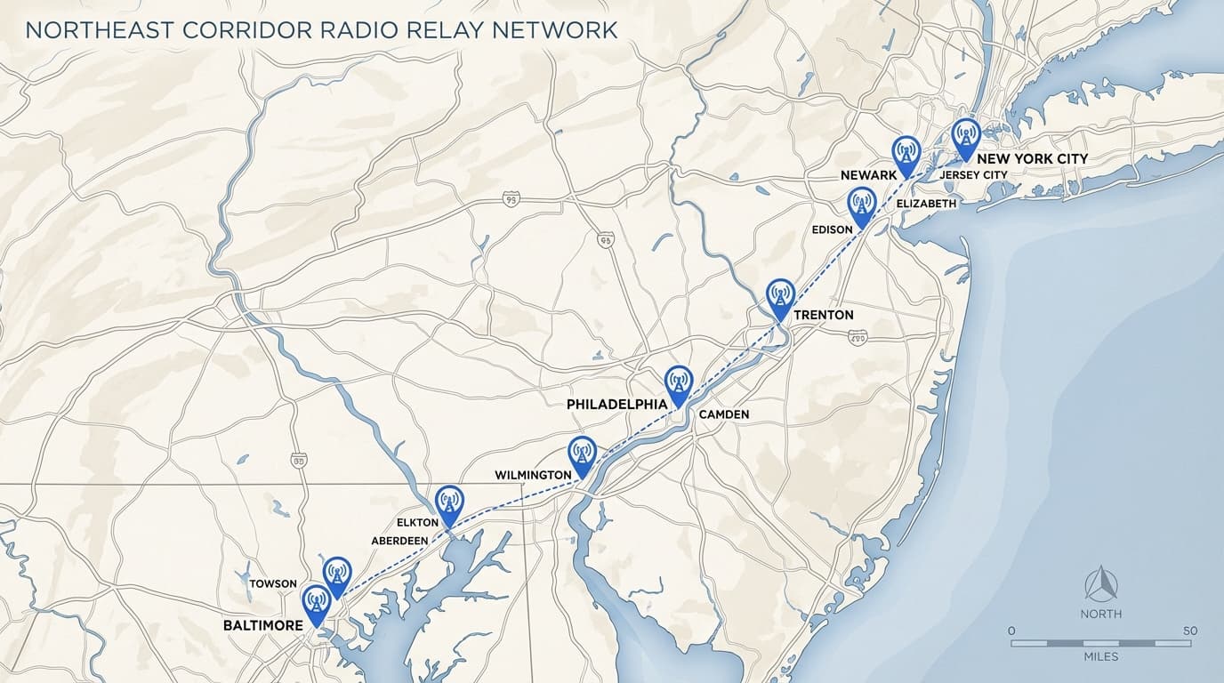 Map from New York City to Baltimore showing GMRS repeater locations