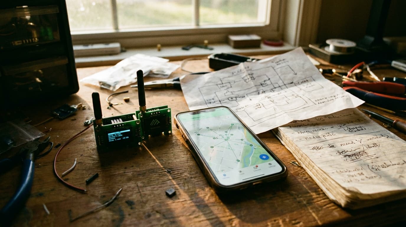 Meshtastic LoRa radio module and phone showing a mesh network map on a workbench