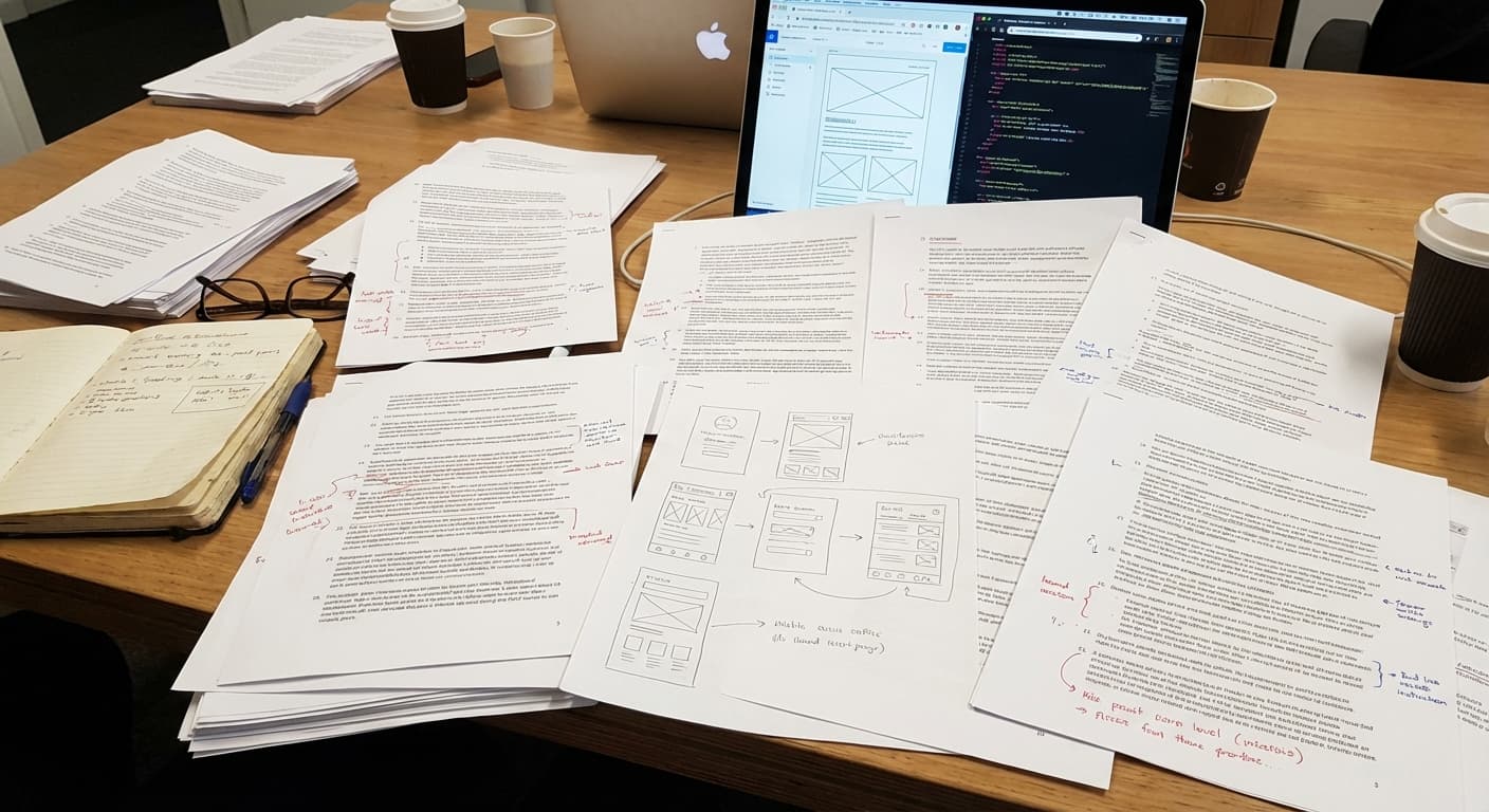 Dozens of printed pages with heavy annotations and hand-drawn revisions spread across a table — the analog process behind a digital platform