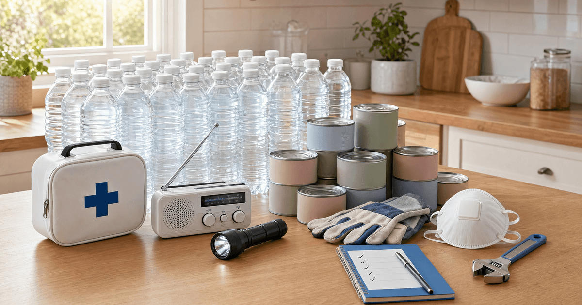 Earthquake preparedness kit: a week of sealed water bottles, canned food, NOAA weather radio, flashlight, first-aid kit, work gloves, and dust mask on a kitchen counter
