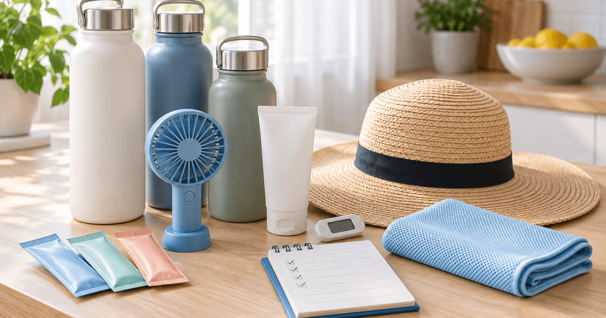 Heat preparedness kit on a kitchen counter: insulated water bottles, handheld fan, electrolyte packets, sun hat, cooling towel, sunscreen, thermometer