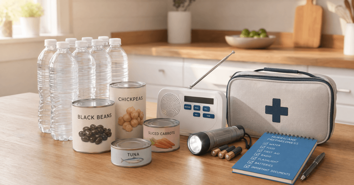 Hurricane preparedness kit on a kitchen counter: water bottles, canned food, flashlight, NOAA weather radio, and first-aid kit