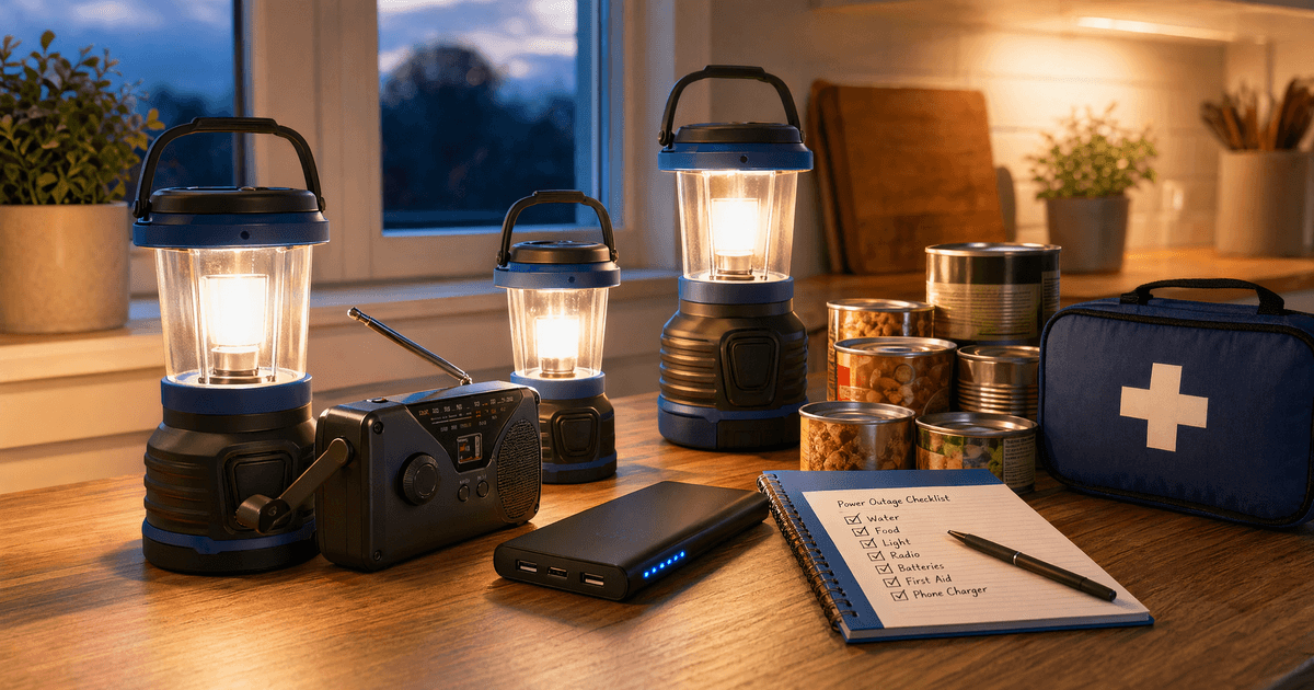 Power outage preparedness kit at dusk: glowing battery lanterns, hand-crank weather radio, phone battery pack, canned food, and first-aid kit