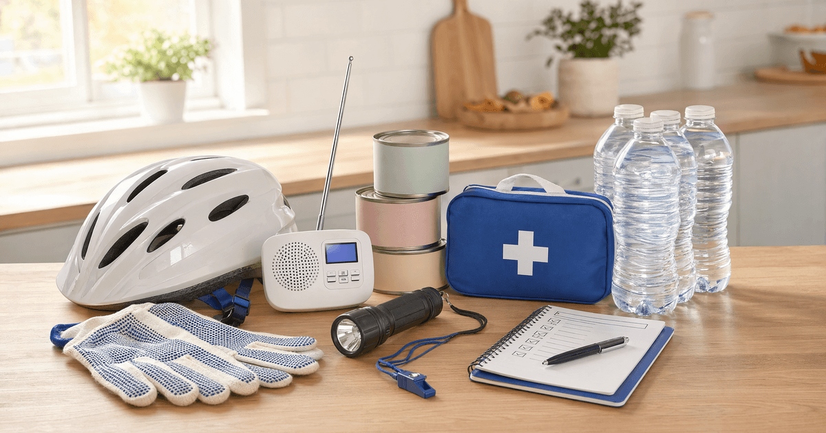 Tornado preparedness kit on a kitchen counter: bicycle helmet, work gloves, NOAA weather radio, flashlight, first-aid kit, canned food, sealed water bottles