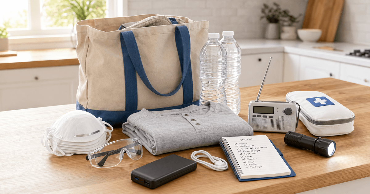 Wildfire evacuation go bag on a kitchen counter: canvas tote, stacked N95 respirator masks, safety glasses, folded cotton shirt, sealed water bottles, NOAA weather radio, first-aid kit, and portable phone battery pack