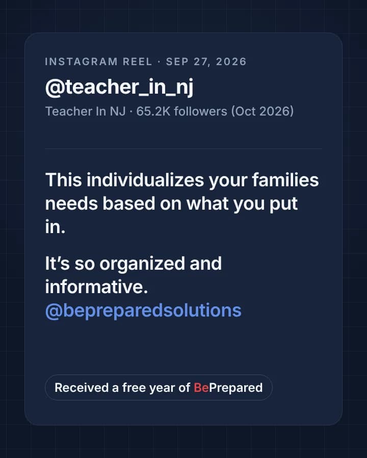 Teacher In NJ's reel caption in full, with the note "Received a free year of BePrepared".