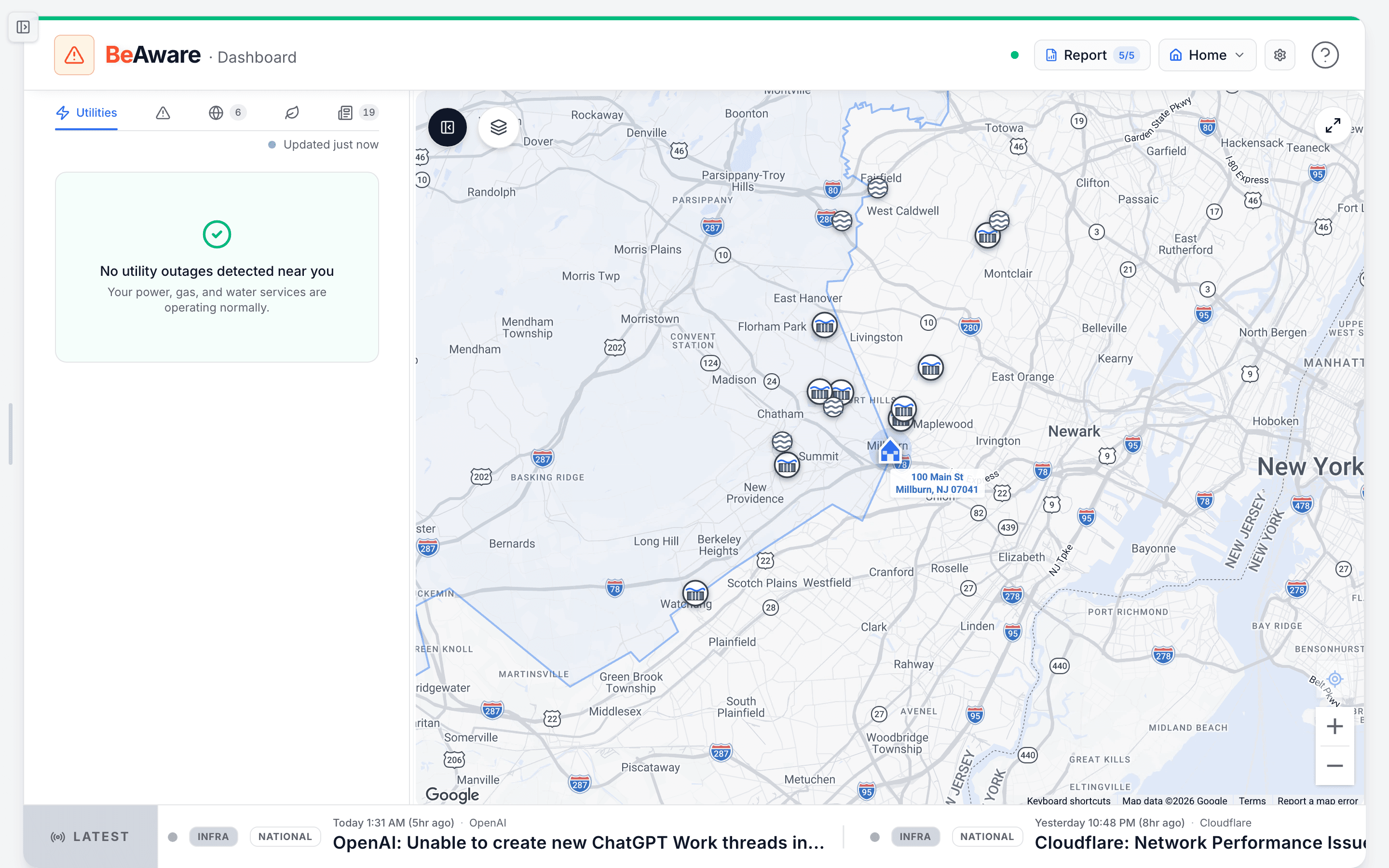 The BeAware monitoring dashboard with the status bar, feed tabs, map, and news ticker