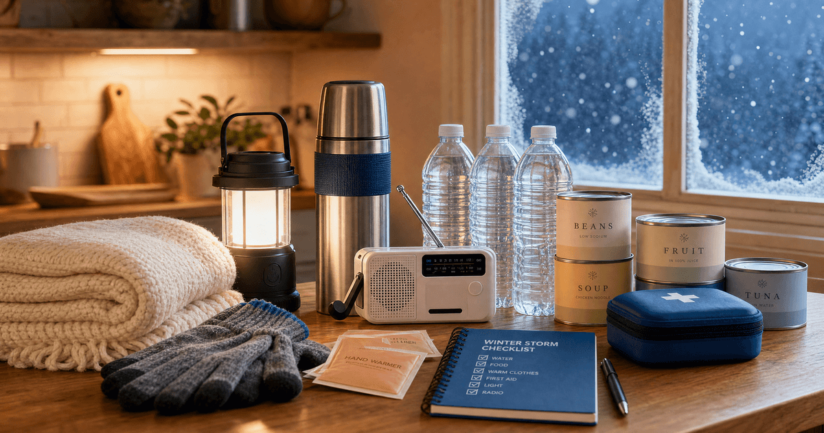 Winter storm emergency kit staged by a frosted window: wool blankets, battery lantern, weather radio, insulated water jugs, and a snow shovel by the door