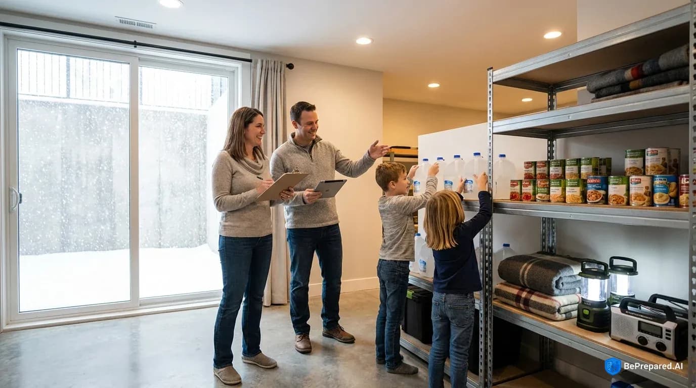 Family reviewing winter emergency supplies in organized basement while snow falls outside
