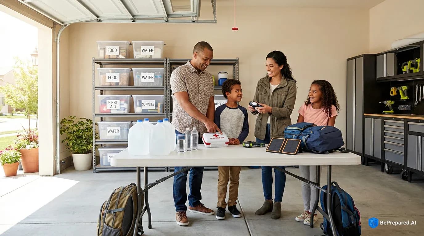 Family of four organizing emergency supplies in garage with labeled containers and supplies on folding table