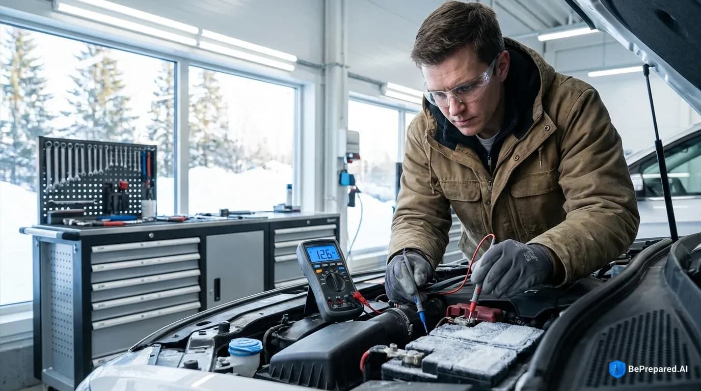 Mechanic using digital multimeter to test car battery in winter garage setting