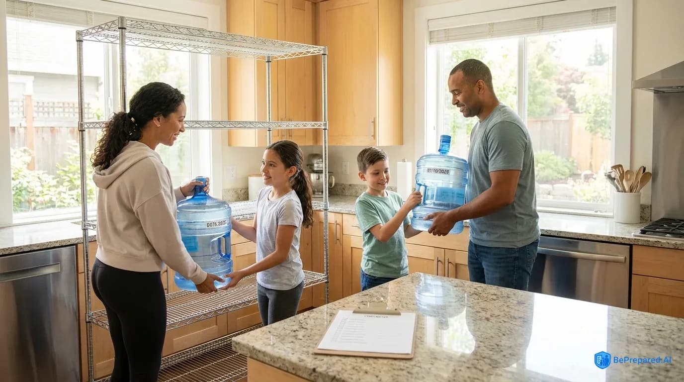 Family of four organizing emergency water storage containers in their kitchen