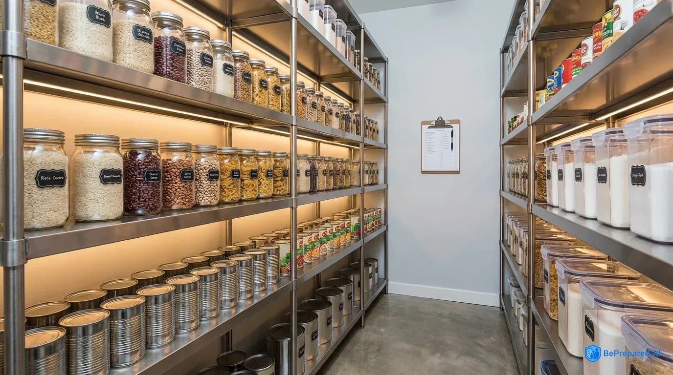 Organized pantry shelves with emergency food storage including canned goods, sealed containers, and labeled glass jars