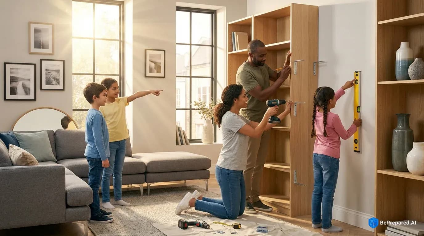 Family working together to secure bookshelf to wall while identifying earthquake hazards in living room
