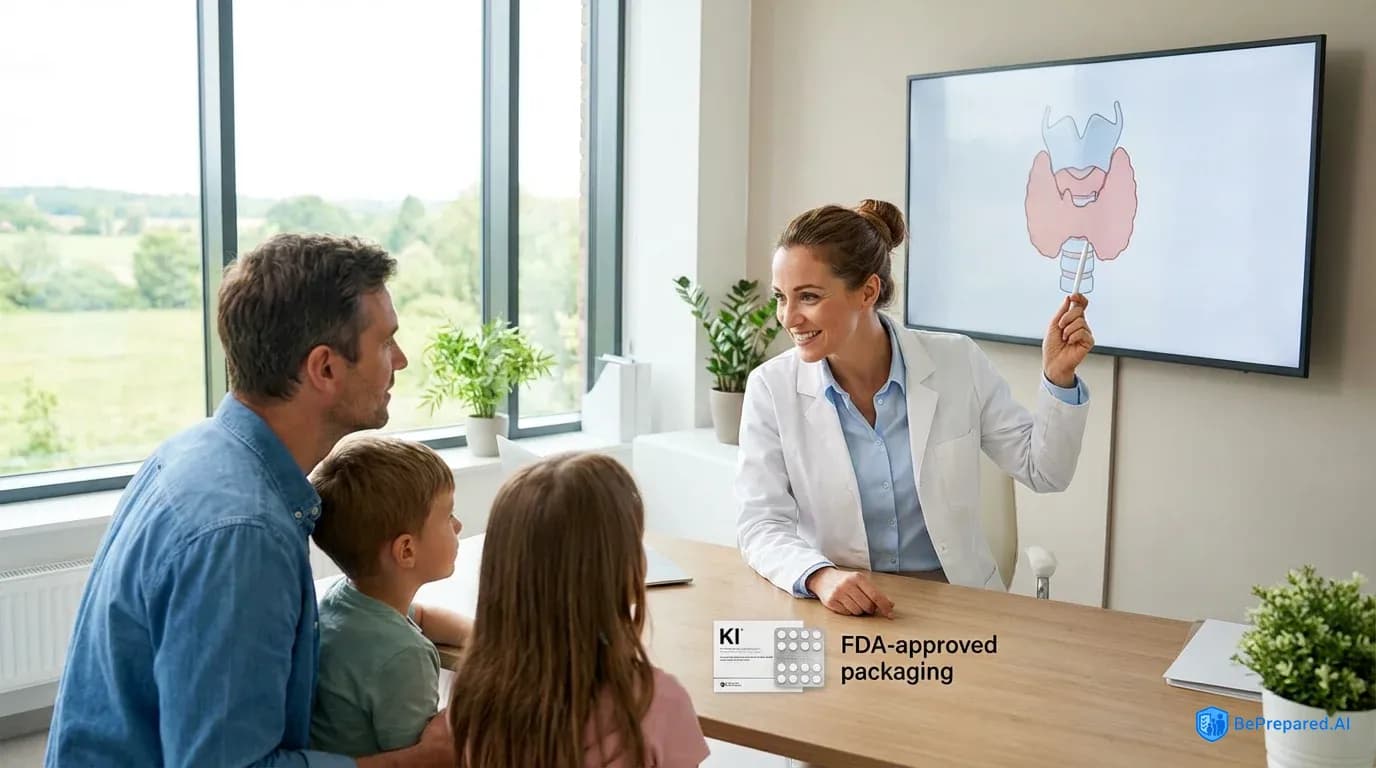 Doctor explaining potassium iodide tablets to family while pointing to thyroid diagram on screen