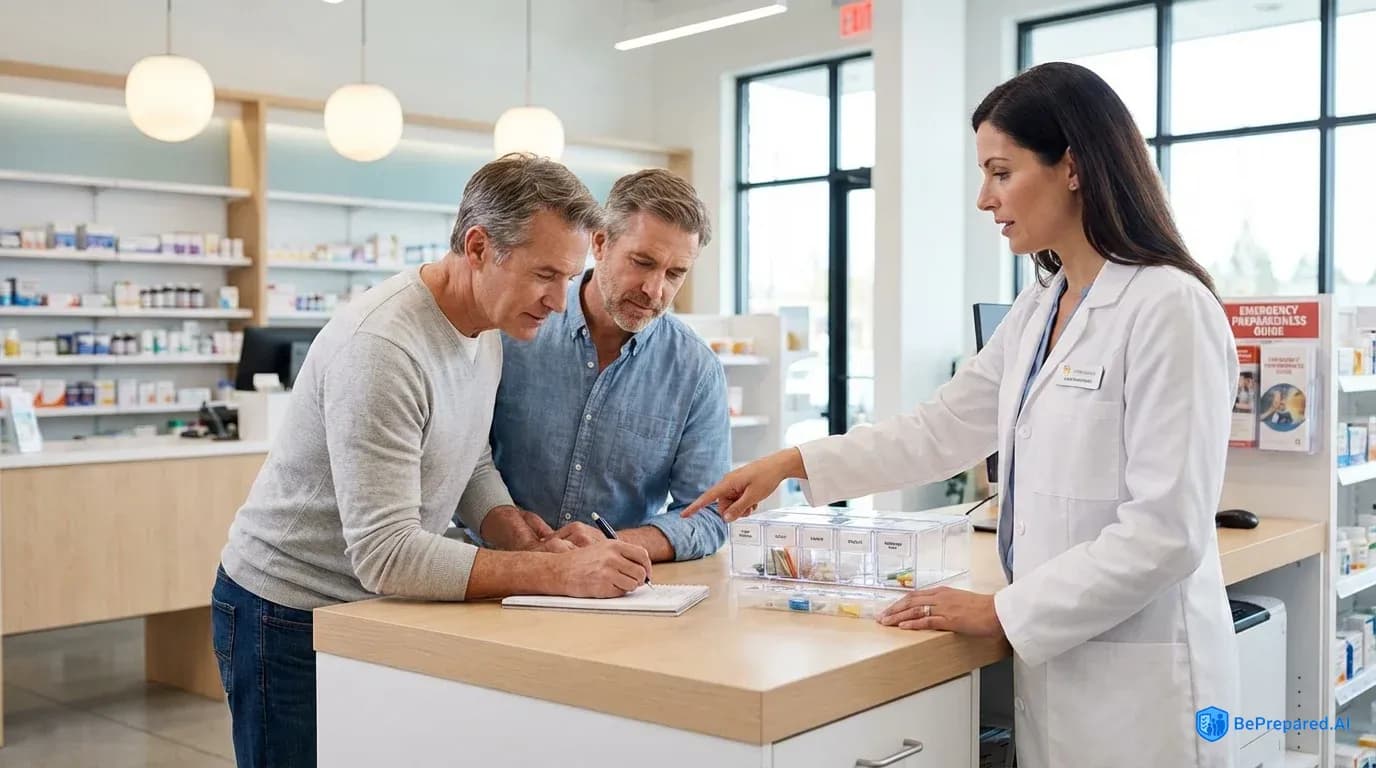 Pharmacist demonstrating medication storage solutions to couple in pharmacy consultation area
