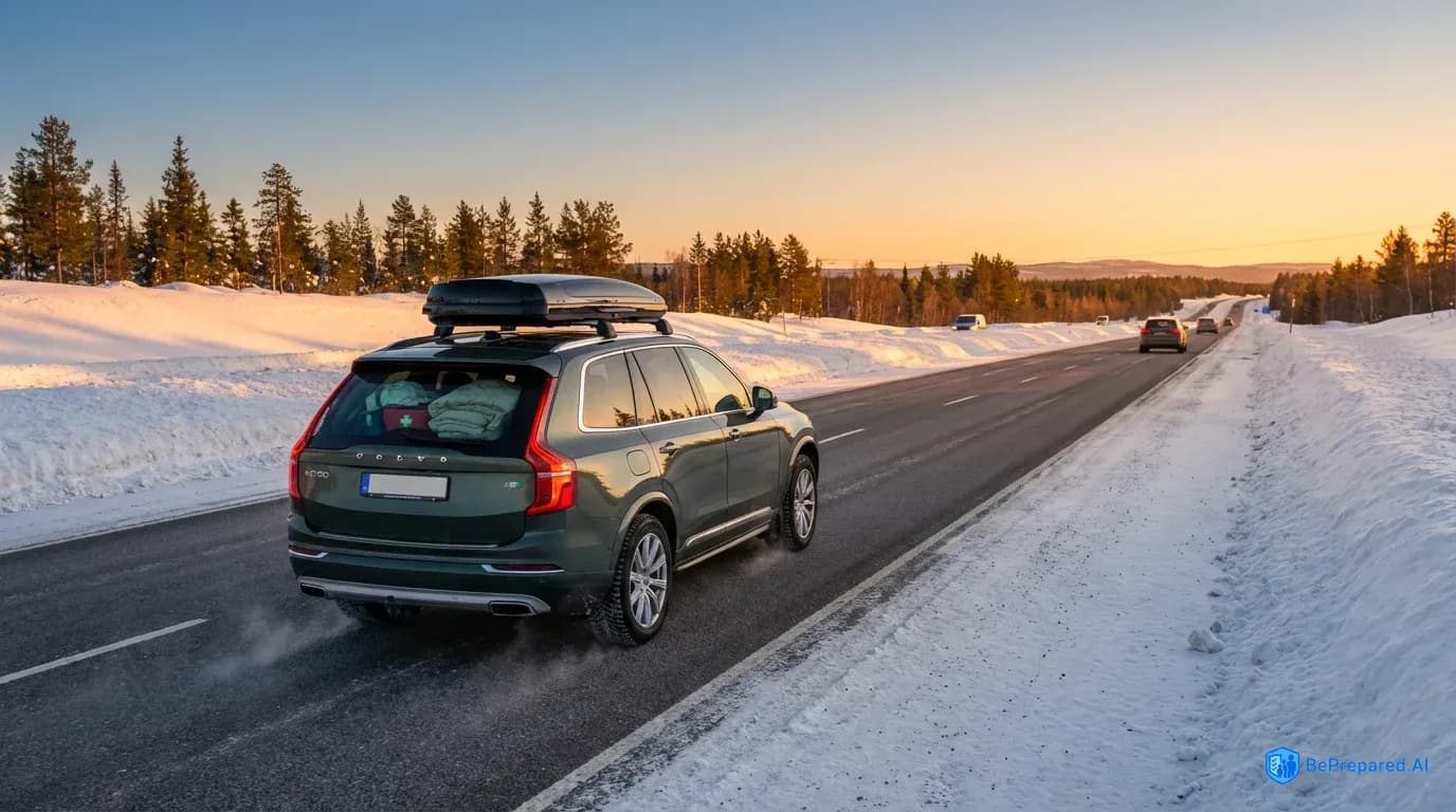 SUV safely navigating snowy highway with emergency kit visible, showing proper winter driving preparation