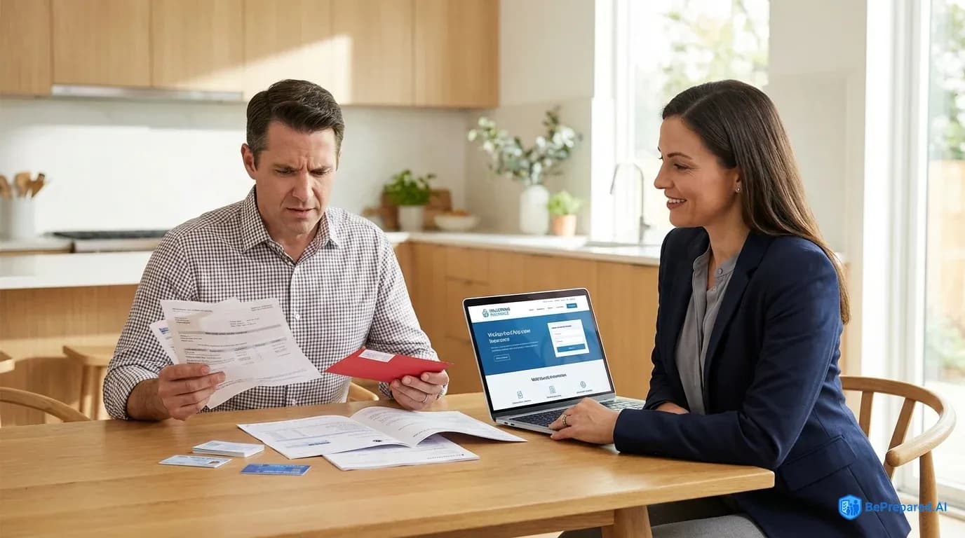 Couple reviewing medical bills and insurance documents at kitchen table with laptop