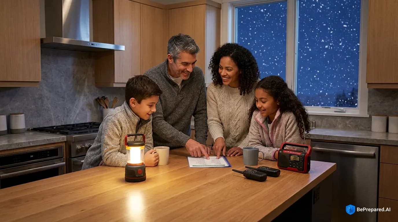 Family reviewing emergency contact list by lantern light while snow falls outside