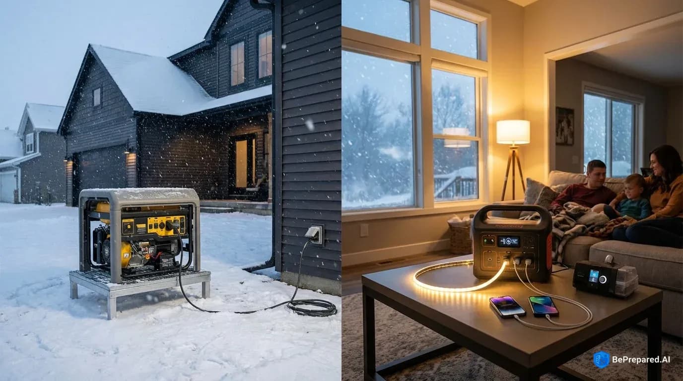 Split view comparing outdoor generator safety and indoor power station use during winter storm