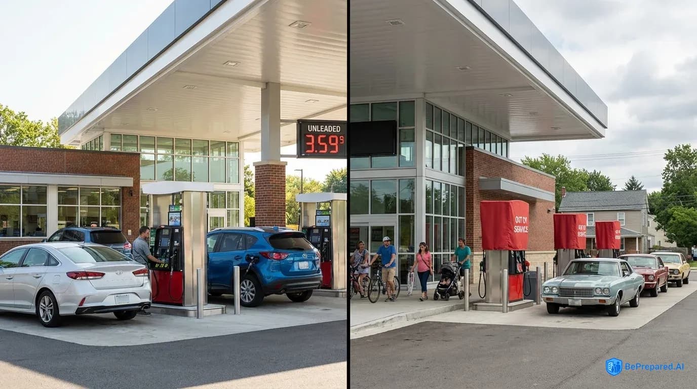 Split view of gas station: normal operations vs fuel shortage with people using alternative transportation