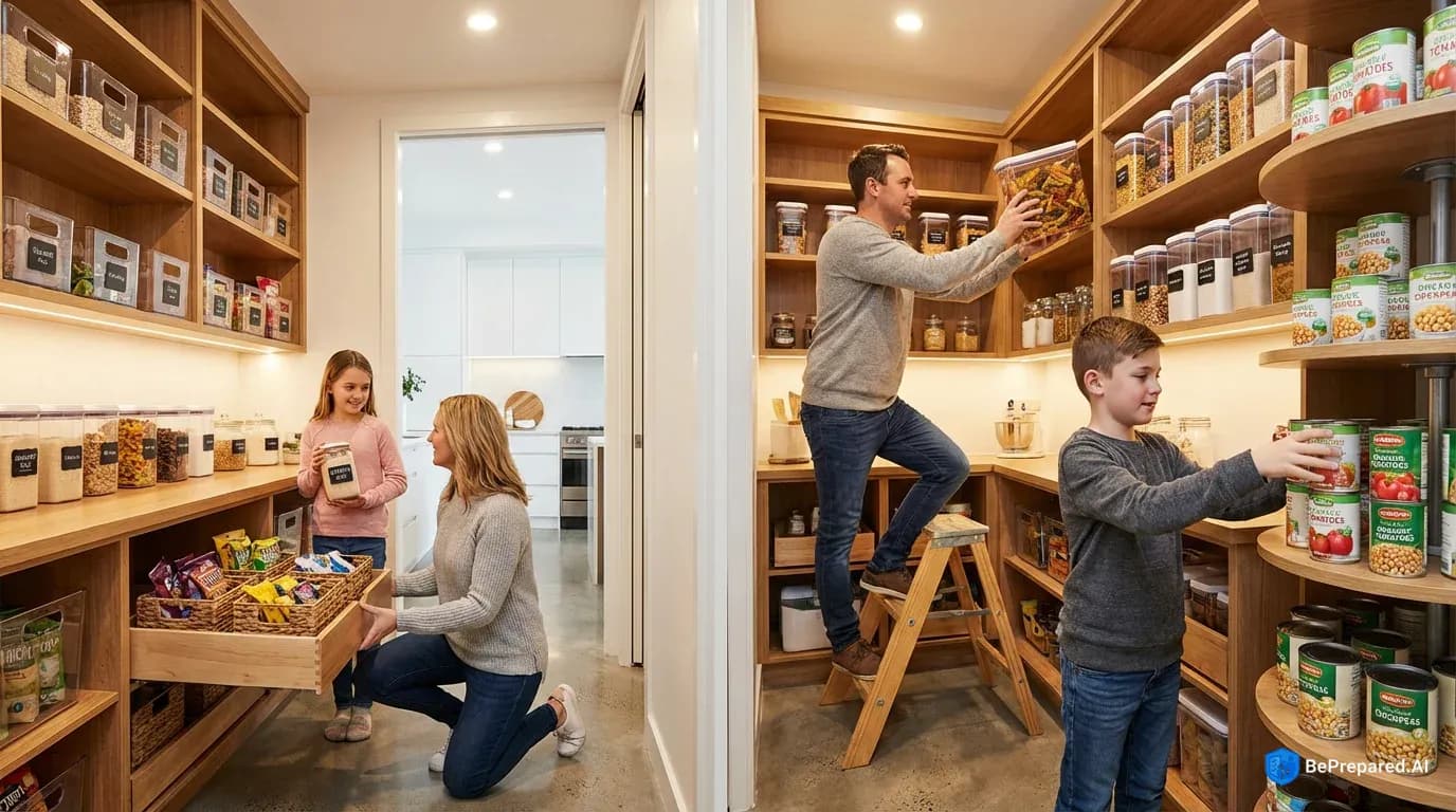 Family organizing well-stocked pantry with labeled containers of emergency food supplies