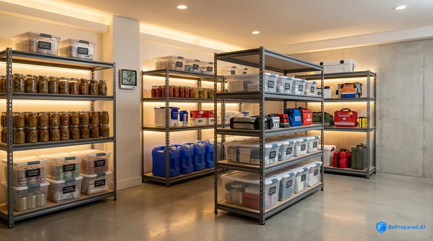 Organized emergency food storage shelves with labeled bins, canned goods, and water containers in basement setting