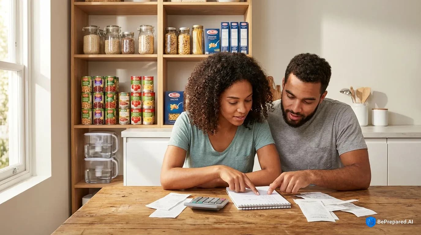 Couple planning emergency supplies budget with organized pantry visible behind them