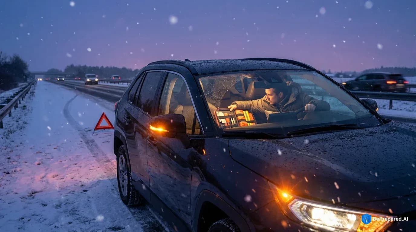 SUV safely pulled over on snowy highway shoulder, driver inside checking emergency supplies with hazard lights on