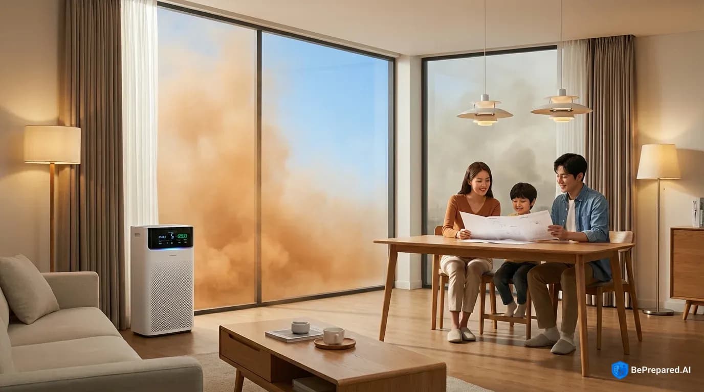 Family reviewing air purifier manual in living room with orange hazy sky visible through window