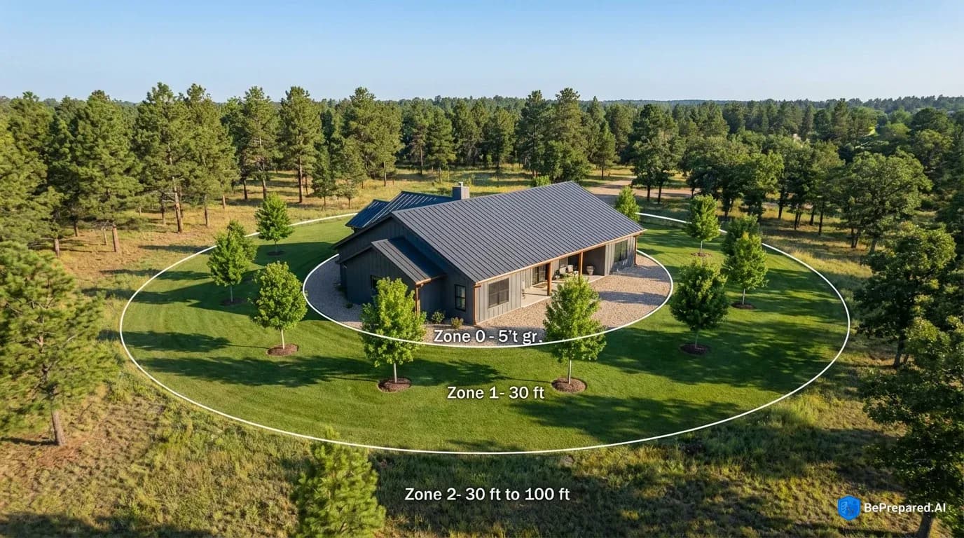 Aerial view of home with three marked defensible space zones showing proper vegetation management