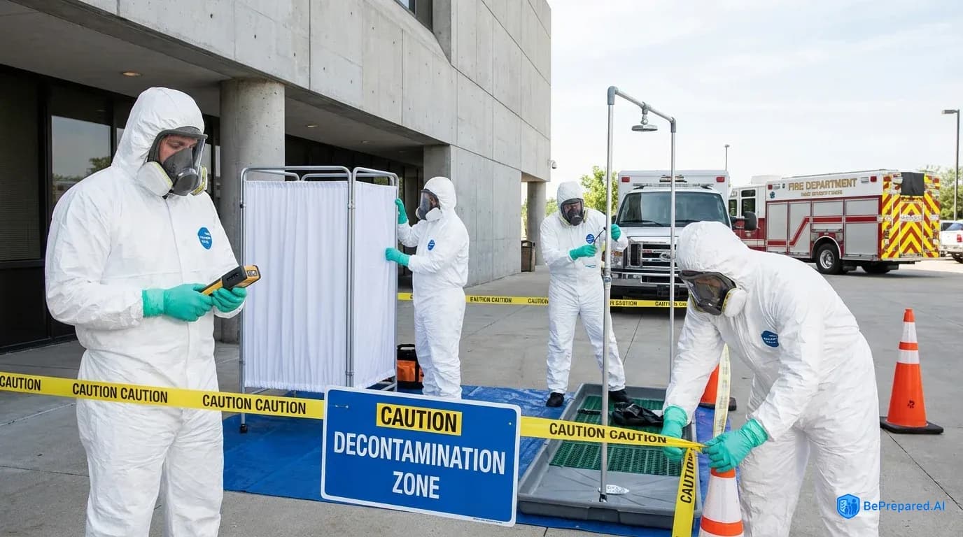 Emergency responders in protective gear setting up decontamination station with clear zone markings