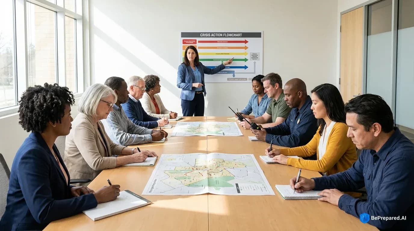 Diverse group of neighbors reviewing emergency response plans in well-lit community center