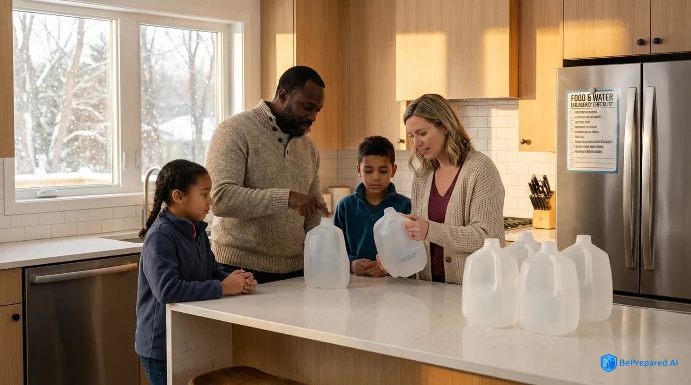 Family organizing water storage containers in kitchen with snowy window view