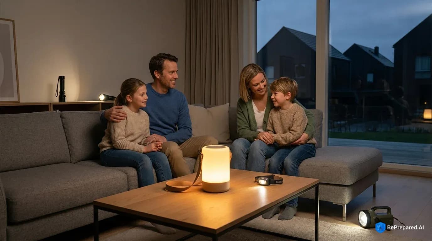 Family using various emergency lights during power outage in living room