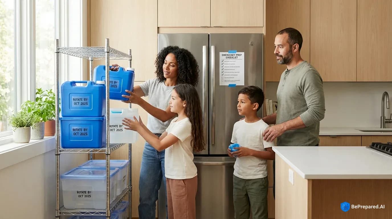 Family organizing emergency water storage containers on metal shelving unit in kitchen