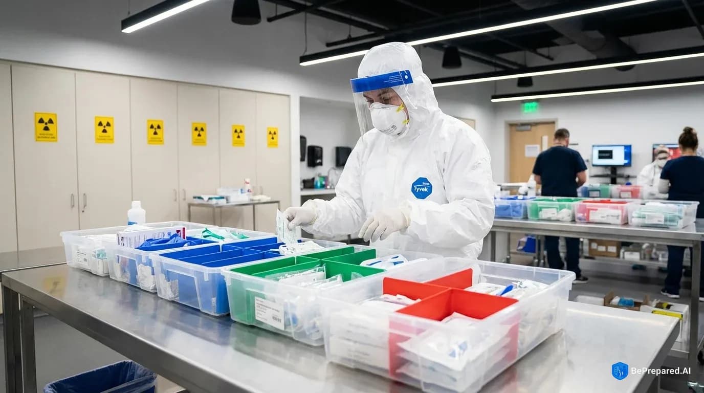 Medical professional organizing radiation response supplies in protective gear